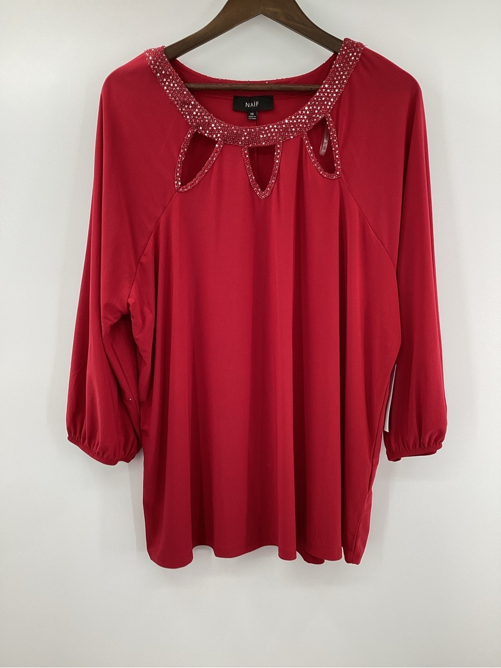 NAIF Beaded Keyhole Neck Red Women's Blouse
